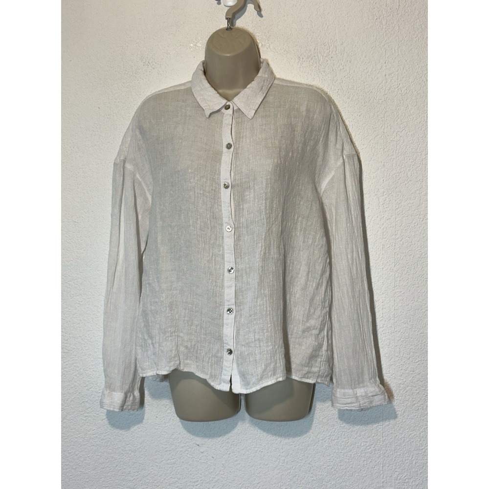 Tahari Shirt Linen White Gauze Button Up Long Sleeve M‎ Travel Packable